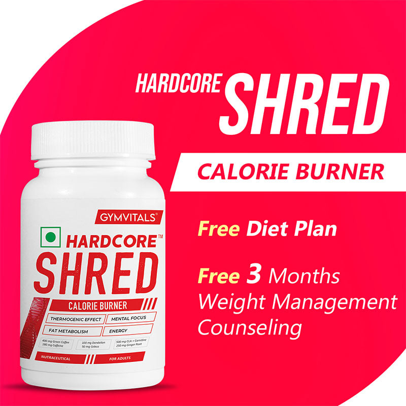 Gymvitals Hardcore Shred Calorie Burner with 400mg Green Coffee Bean, 500mg CLA & L-Carnitine, 100mg Dandelion, 250mg Ginger Root - 90 veg capsules