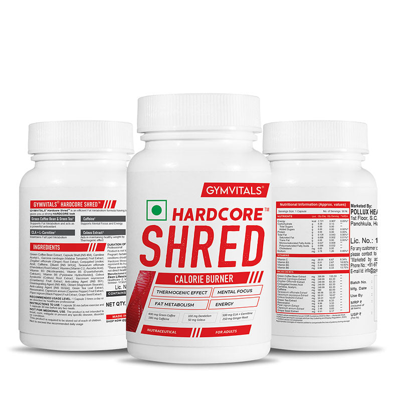 Gymvitals Hardcore Shred Calorie Burner with 400mg Green Coffee Bean, 500mg CLA & L-Carnitine, 100mg Dandelion, 250mg Ginger Root - 90 veg capsules