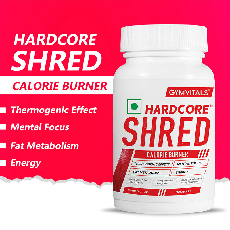 Gymvitals Hardcore Shred Calorie Burner with 400mg Green Coffee Bean, 500mg CLA & L-Carnitine, 100mg Dandelion, 250mg Ginger Root - 90 veg capsules