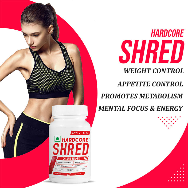 Gymvitals Hardcore Shred Calorie Burner with 400mg Green Coffee Bean, 500mg CLA & L-Carnitine, 100mg Dandelion, 250mg Ginger Root - 90 veg capsules