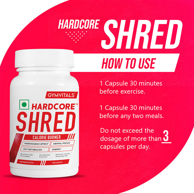 Gymvitals Hardcore Shred Calorie Burner with 400mg Green Coffee Bean, 500mg CLA & L-Carnitine, 100mg Dandelion, 250mg Ginger Root - 90 veg capsules