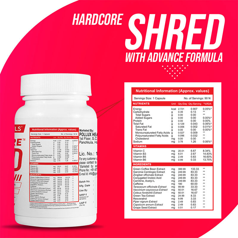 Gymvitals Hardcore Shred Calorie Burner with 400mg Green Coffee Bean, 500mg CLA & L-Carnitine, 100mg Dandelion, 250mg Ginger Root - 90 veg capsules