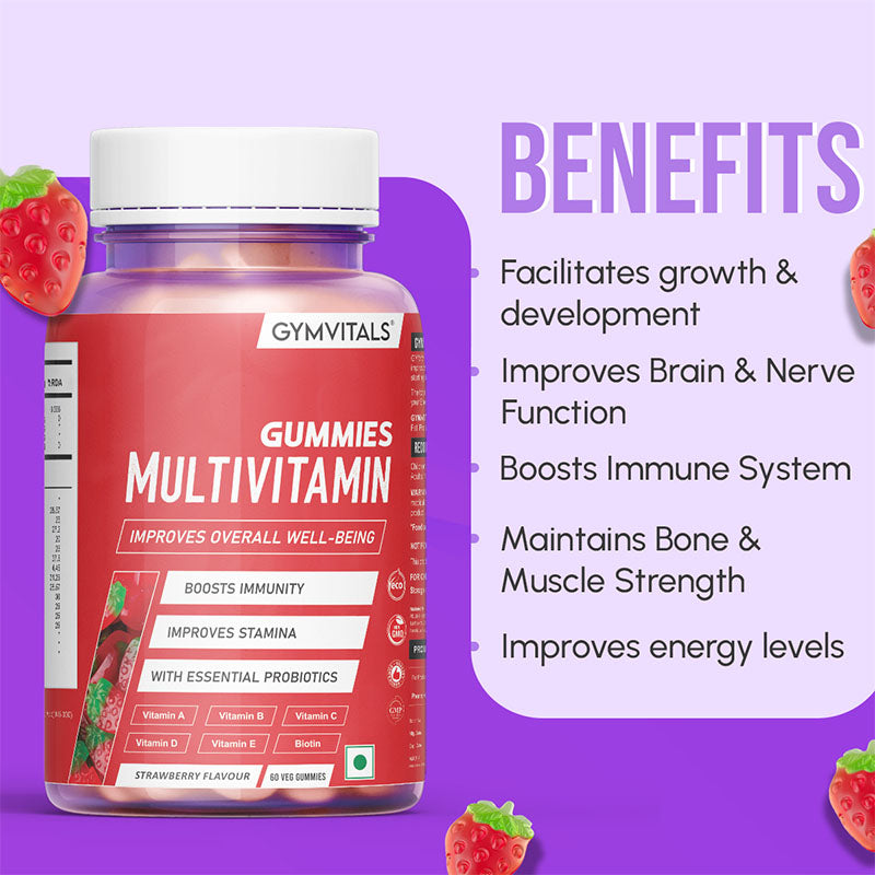 Gymvitals Multivitamin Gummies Enriched with Probiotics & Vitamins A, B, C, D, E, Biotin, Zinc & DHA - A Family Multivitamin Gummies - Pack of 60 Gummies, Strawberry Flavour