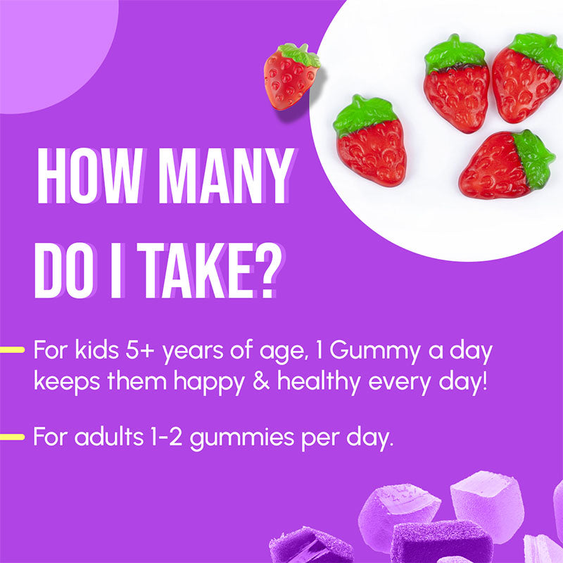 Gymvitals Multivitamin Gummies Enriched with Probiotics & Vitamins A, B, C, D, E, Biotin, Zinc & DHA - A Family Multivitamin Gummies - Pack of 60 Gummies, Strawberry Flavour