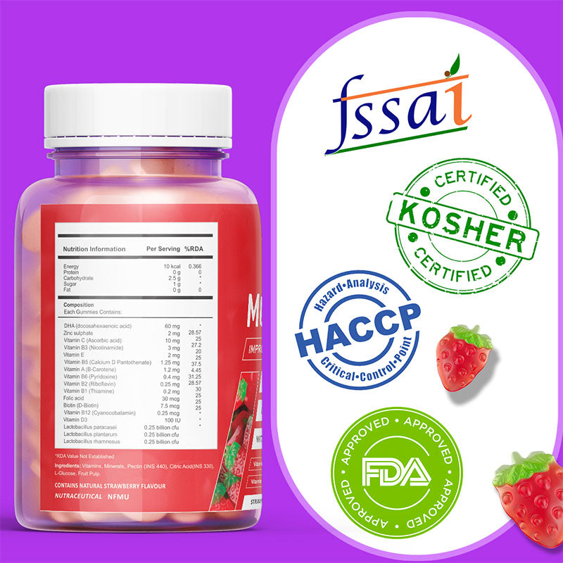 Gymvitals Multivitamin Gummies Enriched with Probiotics & Vitamins A, B, C, D, E, Biotin, Zinc & DHA - A Family Multivitamin Gummies - Pack of 60 Gummies, Strawberry Flavour