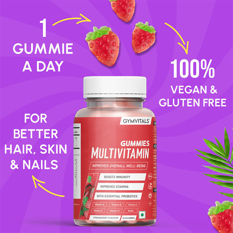 Gymvitals Multivitamin Gummies Enriched with Probiotics & Vitamins A, B, C, D, E, Biotin, Zinc & DHA - A Family Multivitamin Gummies - Pack of 60 Gummies, Strawberry Flavour