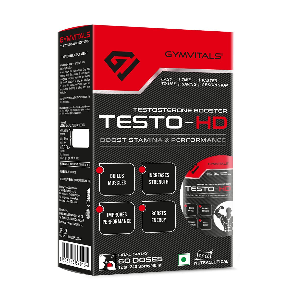 Gymvitals Testo-HD Testosterone Booster Oral Spray, For Men for Performance, Stamina & Strength, Easy to Use, Time Saving, Faster Absorption, Mix Fruit Flavour, 240 Spray / 40 ml, 60 Doses