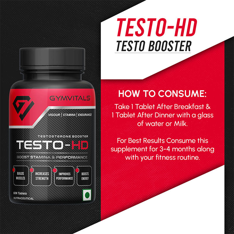 Gymvitals Testo-HD, A Powerful & Very Potent Natural Testosterone Booster for High Performance, Stamina, Strength, Endurance & Muscle Growth, Enriched with 18 Rich Natural Ingredients, 60 Tablets