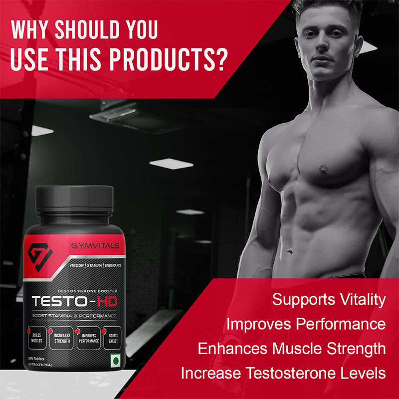 Gymvitals Testo-HD, A Powerful & Very Potent Natural Testosterone Booster for High Performance, Stamina, Strength, Endurance & Muscle Growth, Enriched with 18 Rich Natural Ingredients, 60 Tablets
