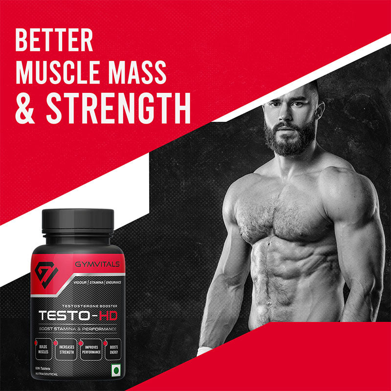 Gymvitals Testo-HD, A Powerful & Very Potent Natural Testosterone Booster for High Performance, Stamina, Strength, Endurance & Muscle Growth, Enriched with 18 Rich Natural Ingredients, 60 Tablets