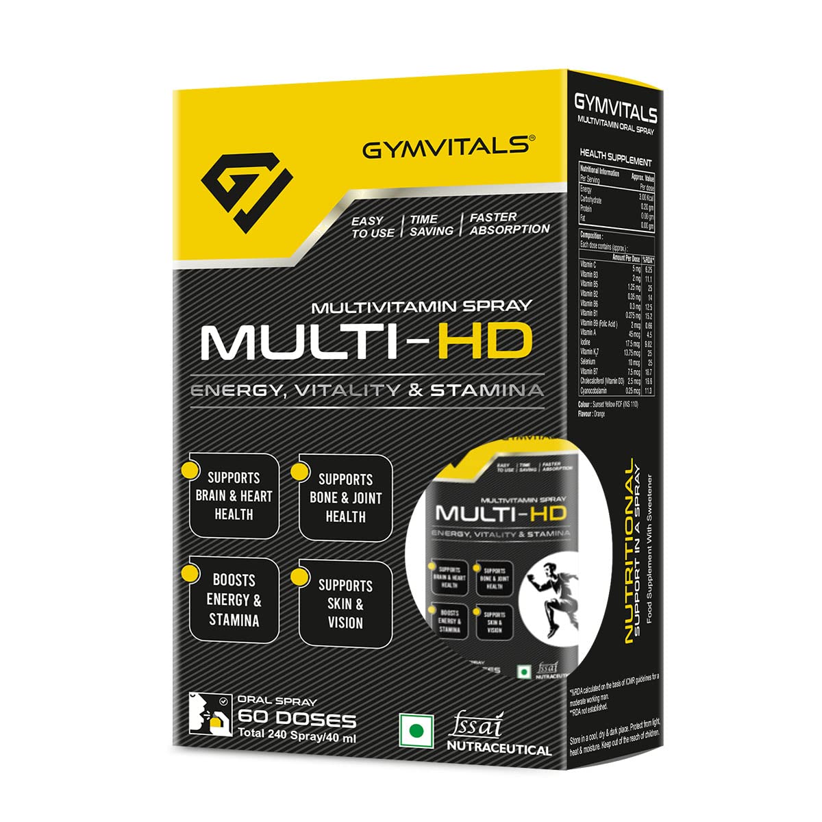 Gymvitals Multivitamin Multi-HD Daily Oral Spray to Boost Strength, Energy, Immunity & Stamina, Easy to Use, Time Saving, Faster Absorption, Orange Flavour- 240 Spray / 40 ml, 60 Doses