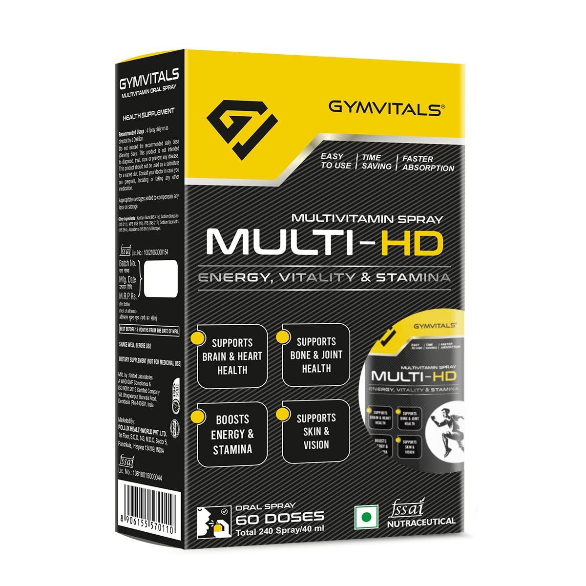 Gymvitals Multivitamin Multi-HD Daily Oral Spray to Boost Strength, Energy, Immunity & Stamina, Easy to Use, Time Saving, Faster Absorption, Orange Flavour- 240 Spray / 40 ml, 60 Doses
